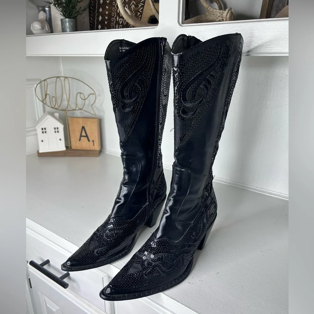 Helen’s Heart Black Sequin Western Boots Women’s 8 Pointed Toe Rhinestone Cowboy - Picture 2 of 8